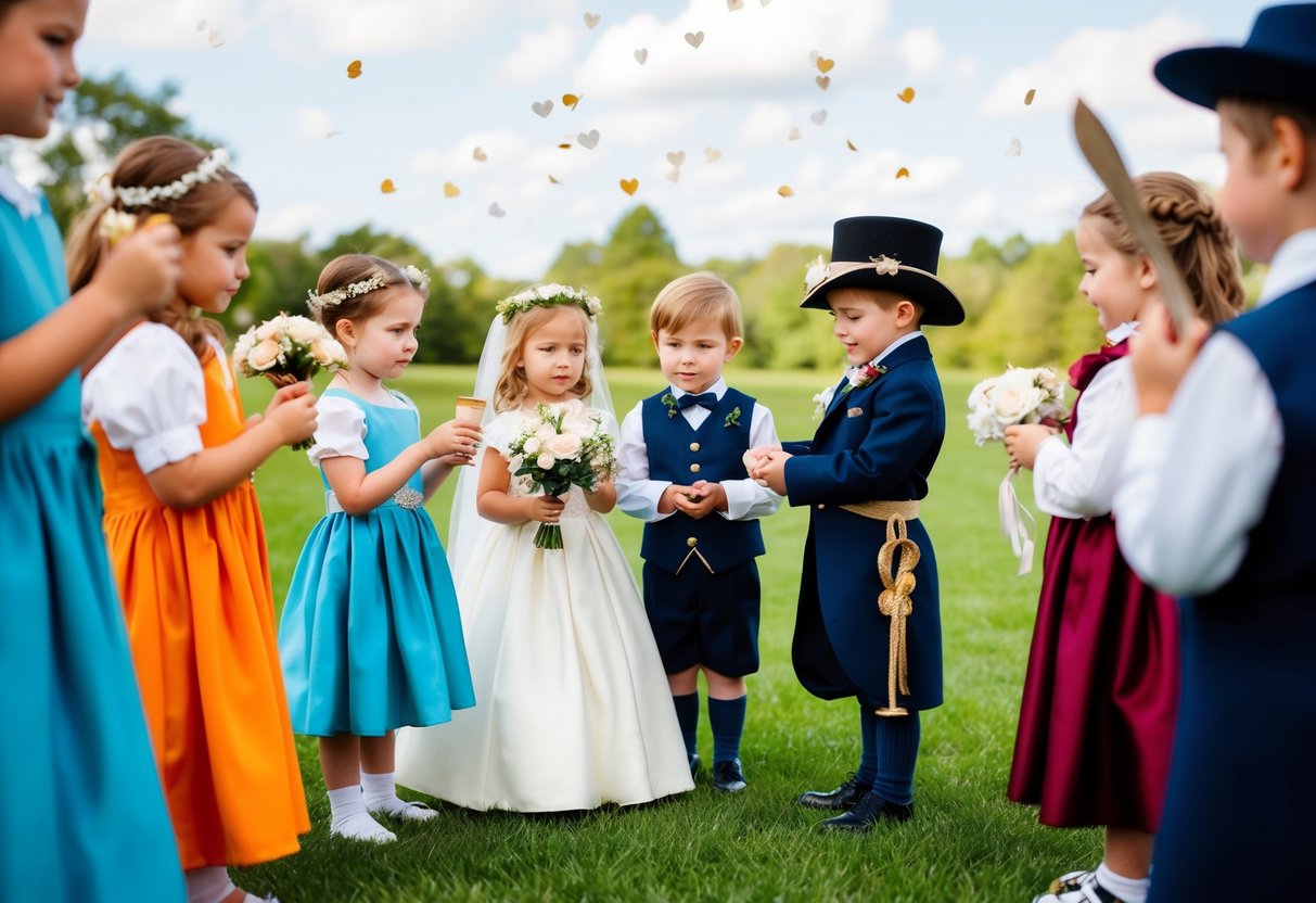 A group of children reenact a wedding ceremony with miniature props and costumes, mimicking a historical "Tom Thumb wedding"