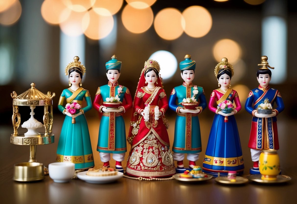 A group of miniature figurines dressed in traditional wedding attire, surrounded by symbolic cultural items and modern adaptations