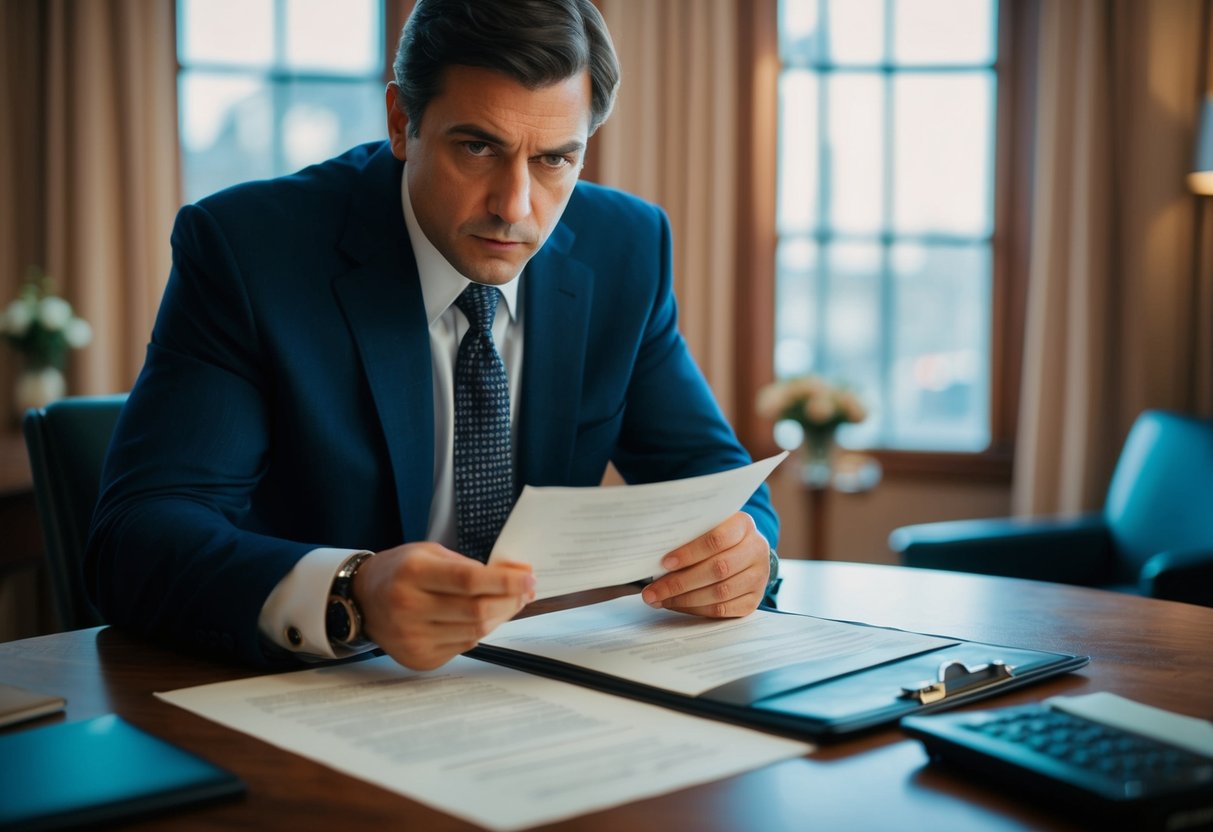 A detective examining marriage documents with a suspicious look