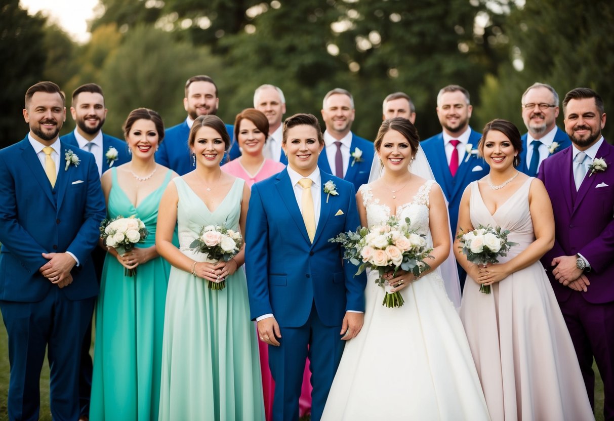 A group of wedding guests in various colored attire, with the bride wearing a distinct color, standing out from the rest