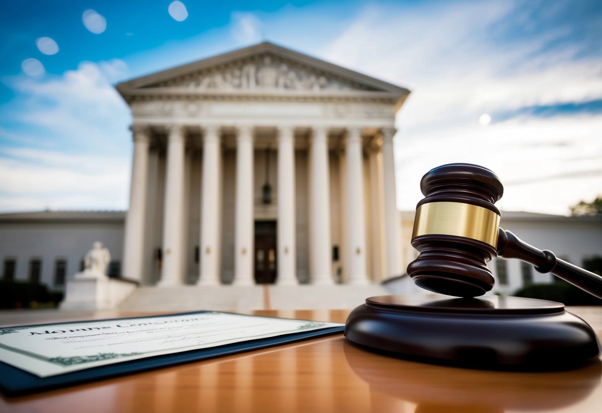 A courthouse with a judge's gavel and marriage certificate on a desk