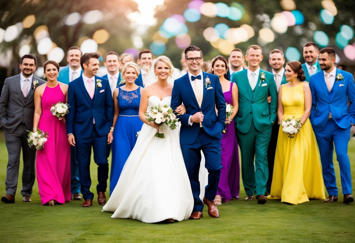 A group of wedding guests in various colored attire, with the bride standing out in her white gown, surrounded by a sea of contrasting hues