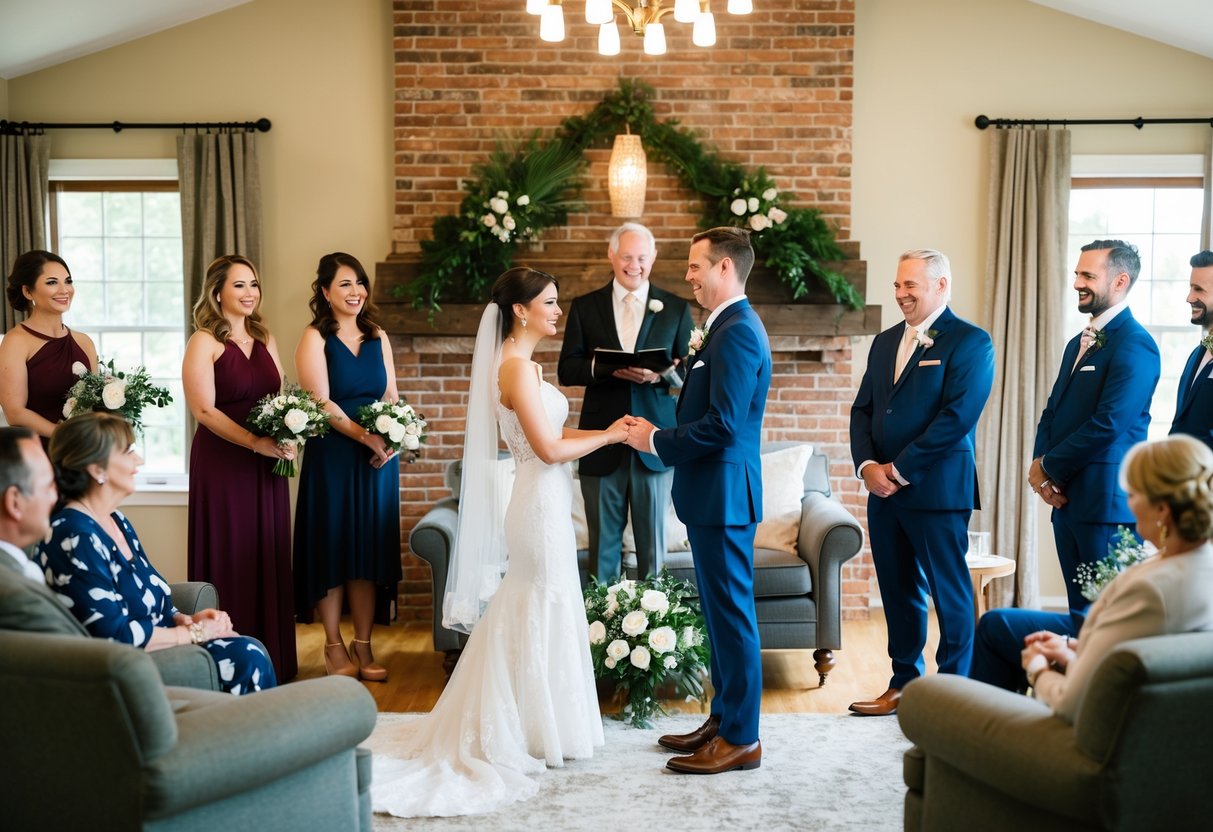 A couple stands in a cozy living room, surrounded by family and friends, exchanging vows in front of a makeshift altar