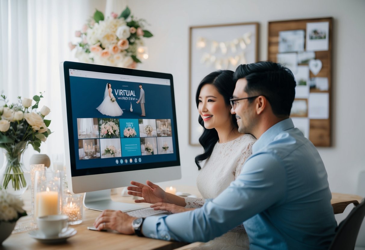 A couple stands in front of a computer, surrounded by virtual wedding decor and options. They are researching the legality of getting married at home