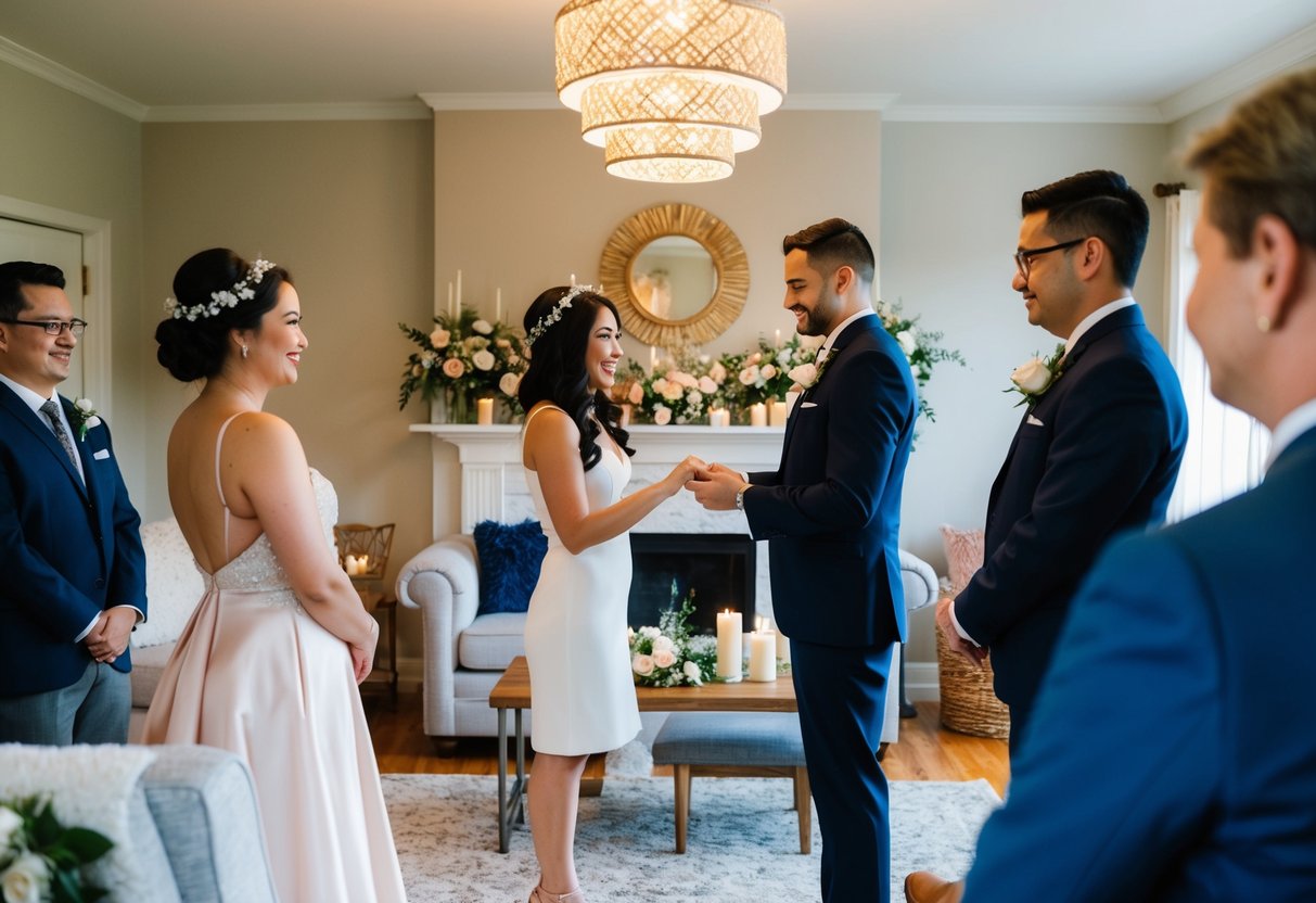 A cozy living room with a makeshift altar, adorned with flowers and candles, as a couple exchanges vows in the presence of a licensed officiant