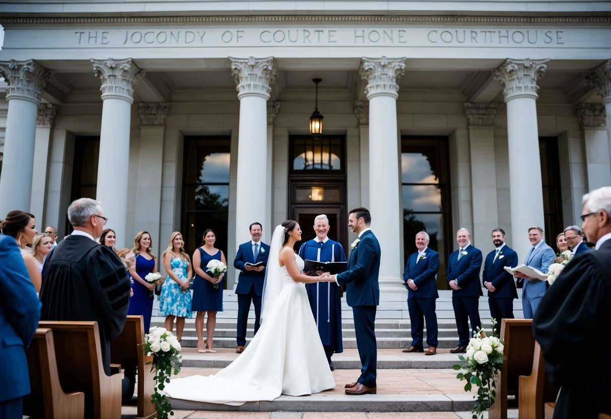 A couple standing in front of a grand courthouse, exchanging vows with a crowd of onlookers and a judge officiating the ceremony