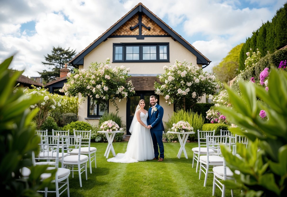 A couple stands in front of a cozy home, surrounded by blooming flowers and a picturesque garden. A small table is set for a wedding ceremony, with chairs for guests arranged nearby