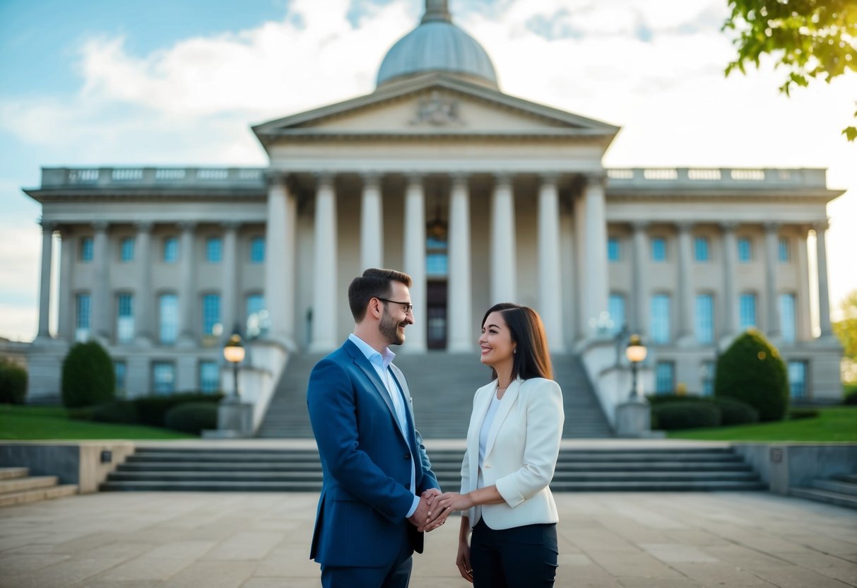 A couple standing in front of a government building, discussing residency requirements for citizenship in England