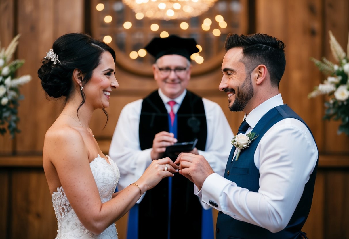 A couple exchanging rings in front of a celebrant