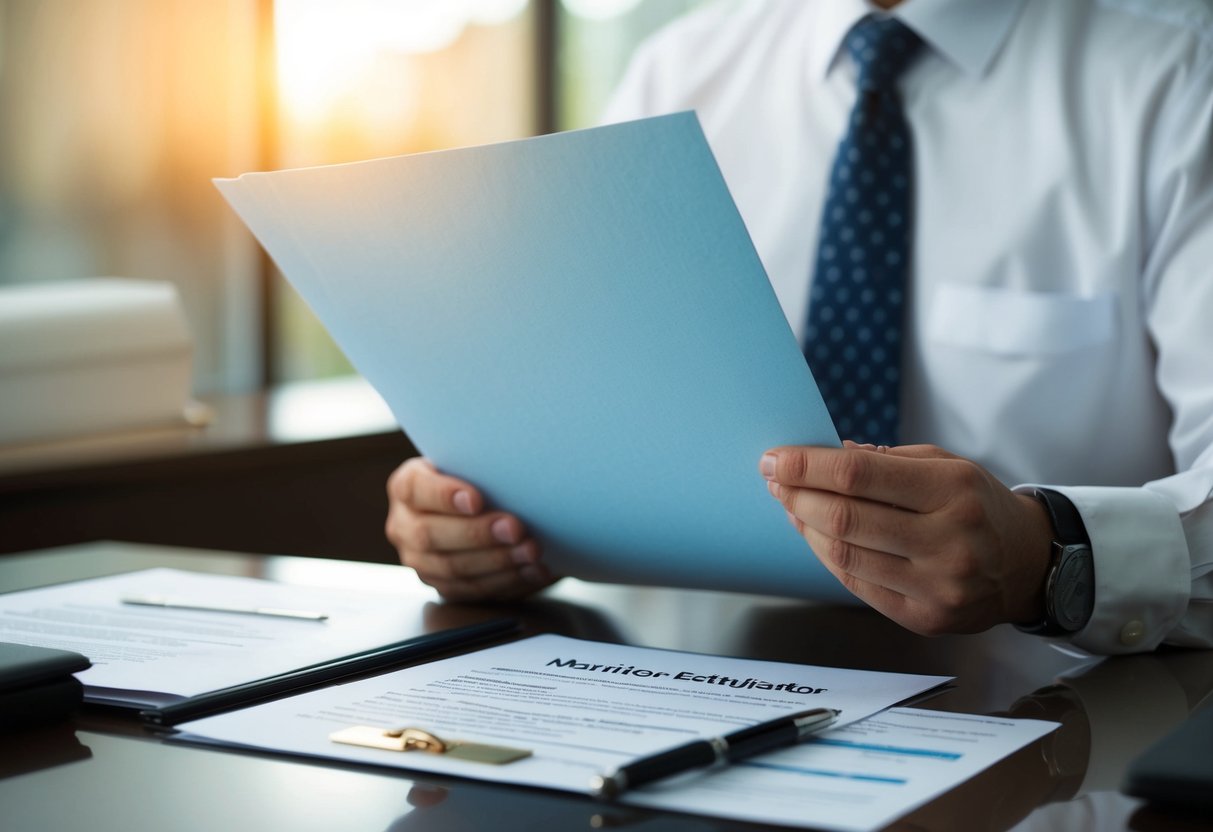 A person submitting documents to a government office, with a marriage certificate and evidence of fraud on the desk