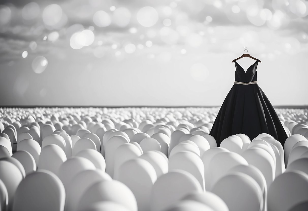 A black dress stands out against a sea of white, symbolizing elegance and sophistication at a wedding