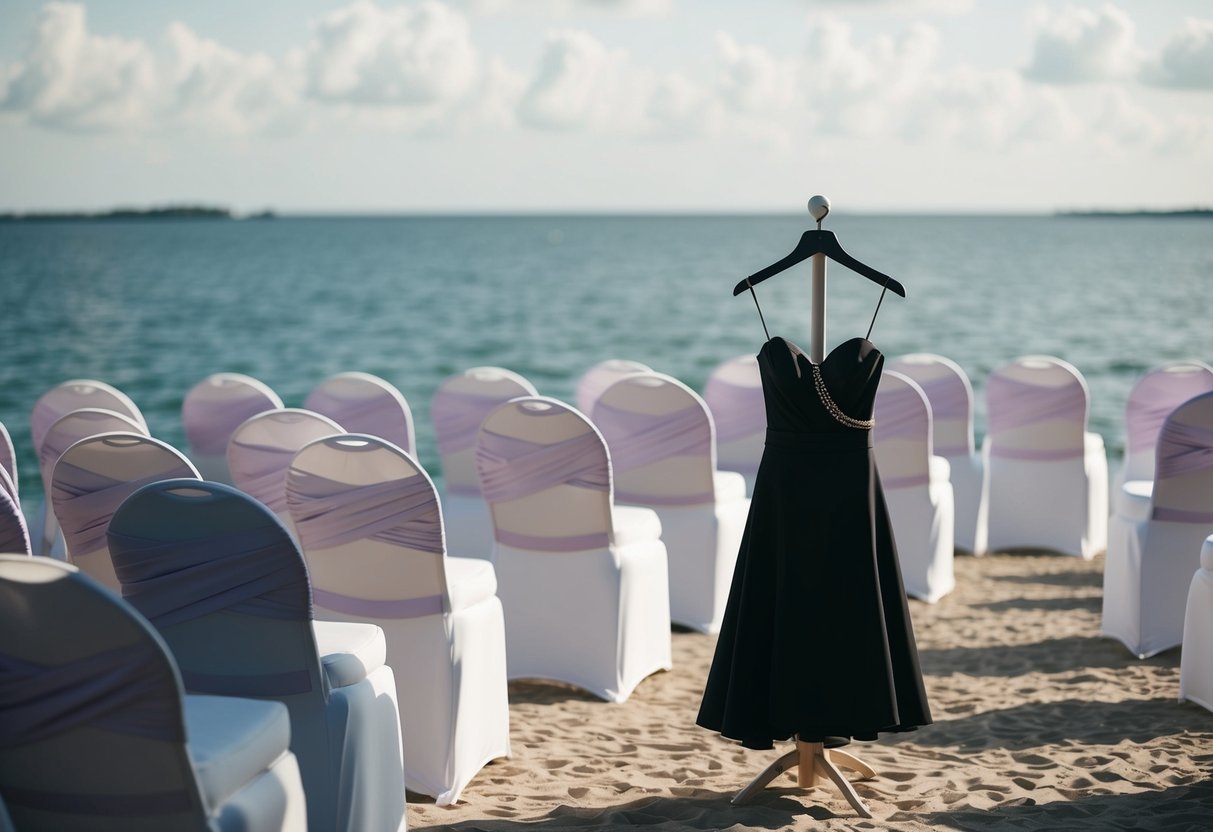 A black dress stands out against a sea of white, symbolizing independence and sophistication in a wedding setting