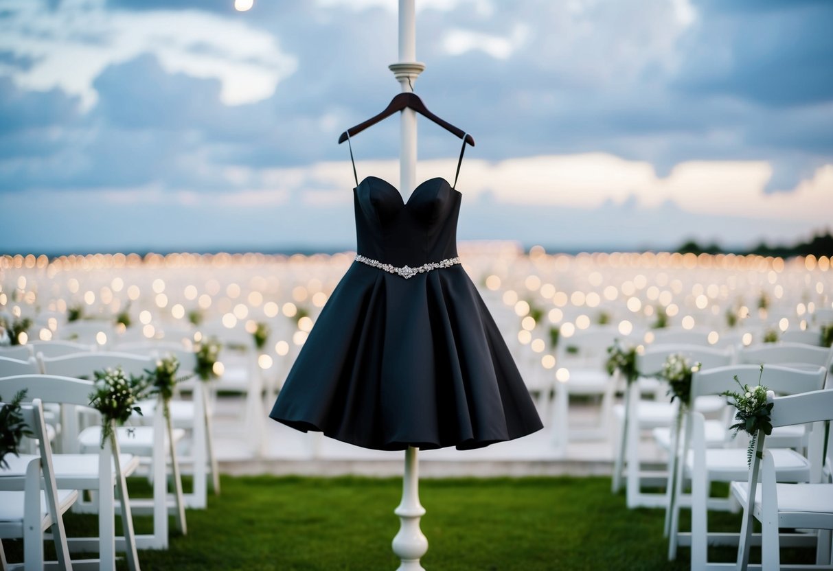 A black dress stands out against a sea of white at a wedding, symbolizing elegance and sophistication