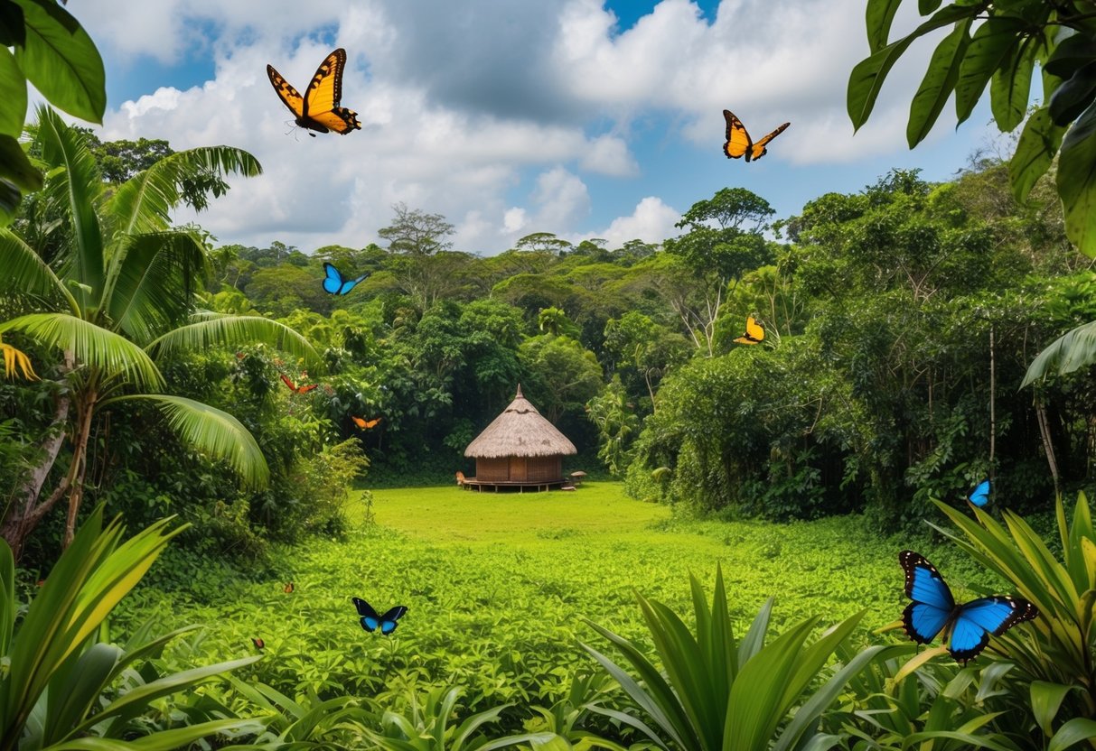A lush, green clearing in the Amazon rainforest with colorful birds and butterflies fluttering around, and a small, traditional indigenous hut in the background