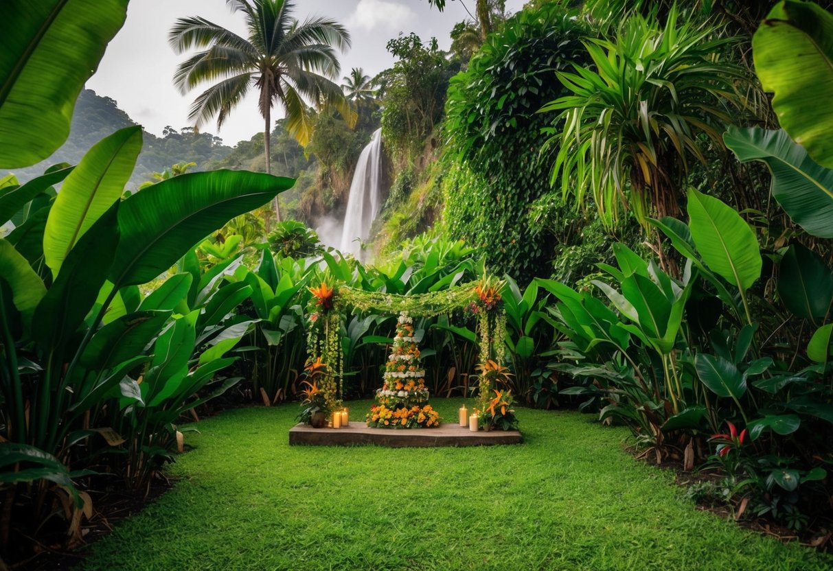 Lush green foliage surrounds a secluded clearing, where a makeshift altar of tropical flowers and vines stands. The sound of exotic birds and distant waterfalls fills the air