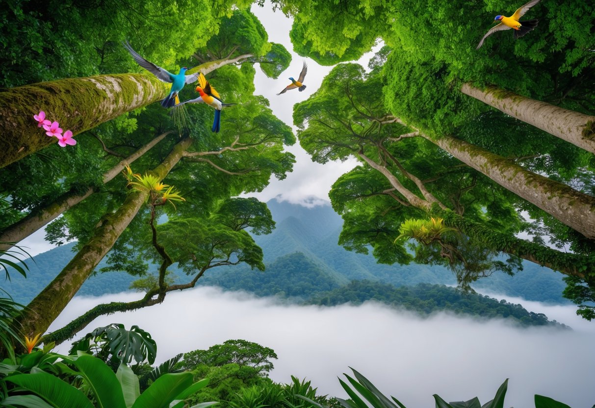 A lush, green canopy of towering trees in the Amazon rainforest, with colorful birds and exotic flowers, set against a backdrop of misty mountains