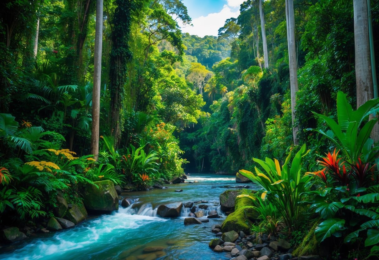 A lush, vibrant rainforest setting with a flowing river and tall, dense trees. The scene is teeming with exotic wildlife and colorful flora, creating a sense of adventure and wonder