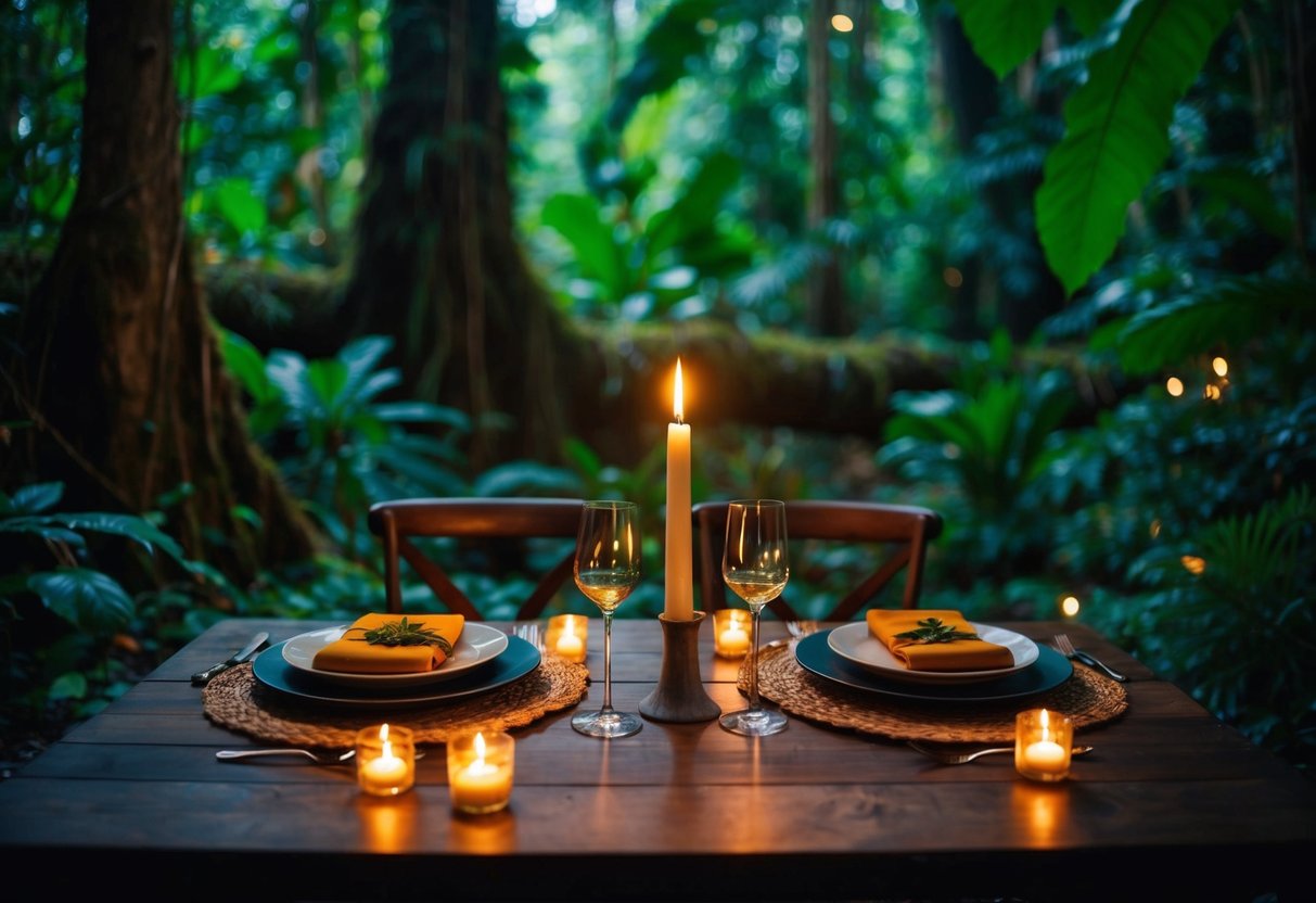 A cozy, candlelit dinner for two in a secluded clearing deep in the heart of the Amazon rainforest, surrounded by lush greenery and the sounds of nature