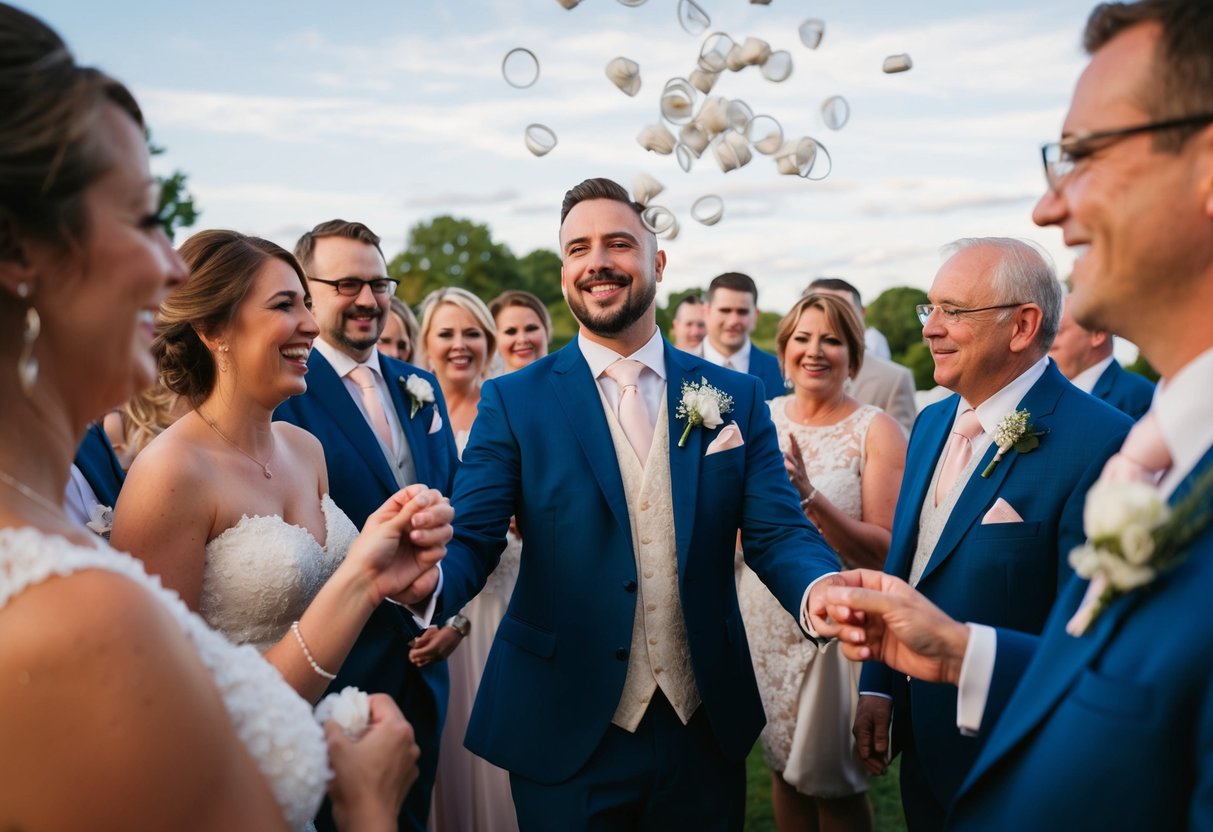 The groom tosses the garter, surrounded by eager guests
