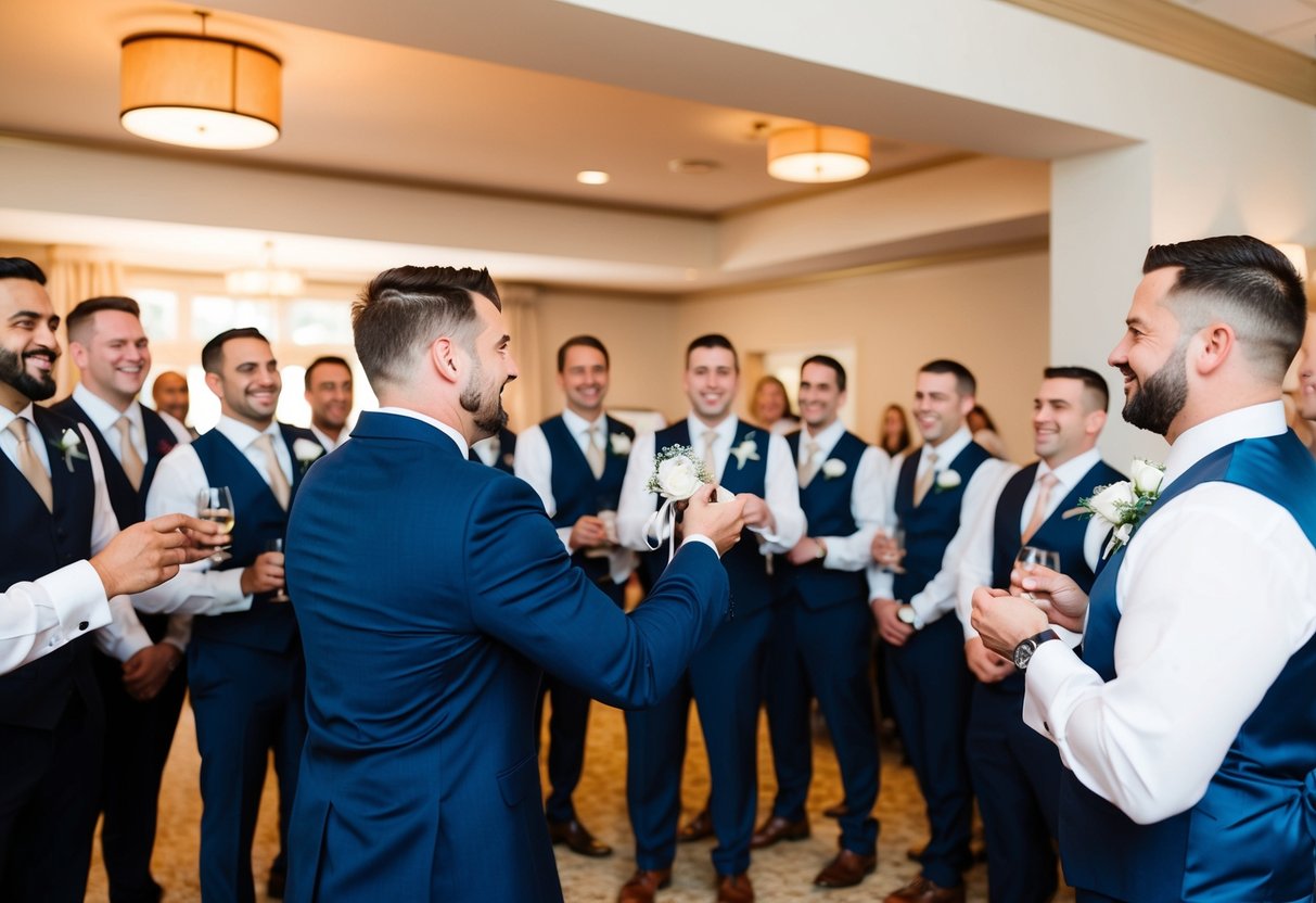 A groom tosses the garter to a group of eager male wedding guests