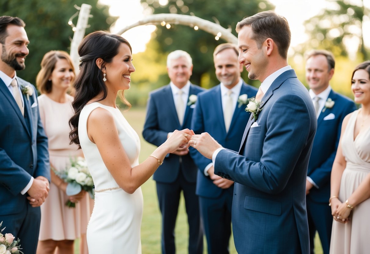 A couple exchanging rings in a simple, outdoor ceremony with a small group of friends and family