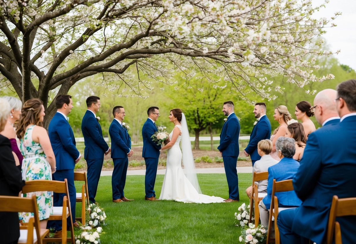 A simple outdoor wedding ceremony under a blooming tree, with a small group of close family and friends gathered around
