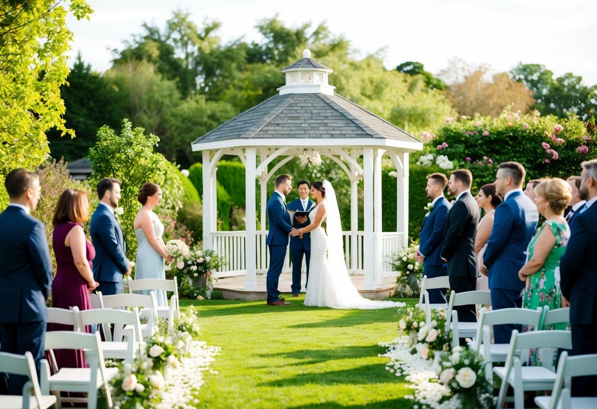A simple outdoor wedding ceremony in a garden with a gazebo, surrounded by blooming flowers and greenery. A small group of guests gather to witness the couple exchange vows