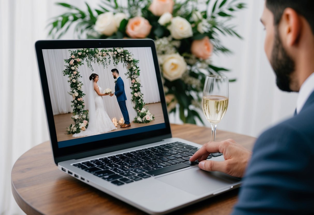 A laptop displaying a virtual wedding setup with a backdrop of flowers and decorations, as a couple plans their ceremony online