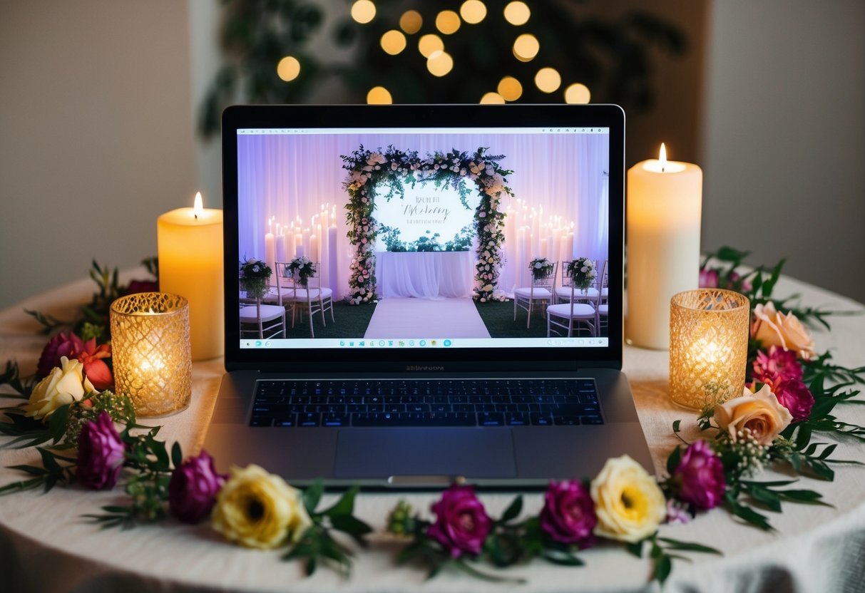 A laptop sits on a decorated table, surrounded by flowers and candles. A virtual wedding backdrop is displayed on the screen, creating a romantic atmosphere