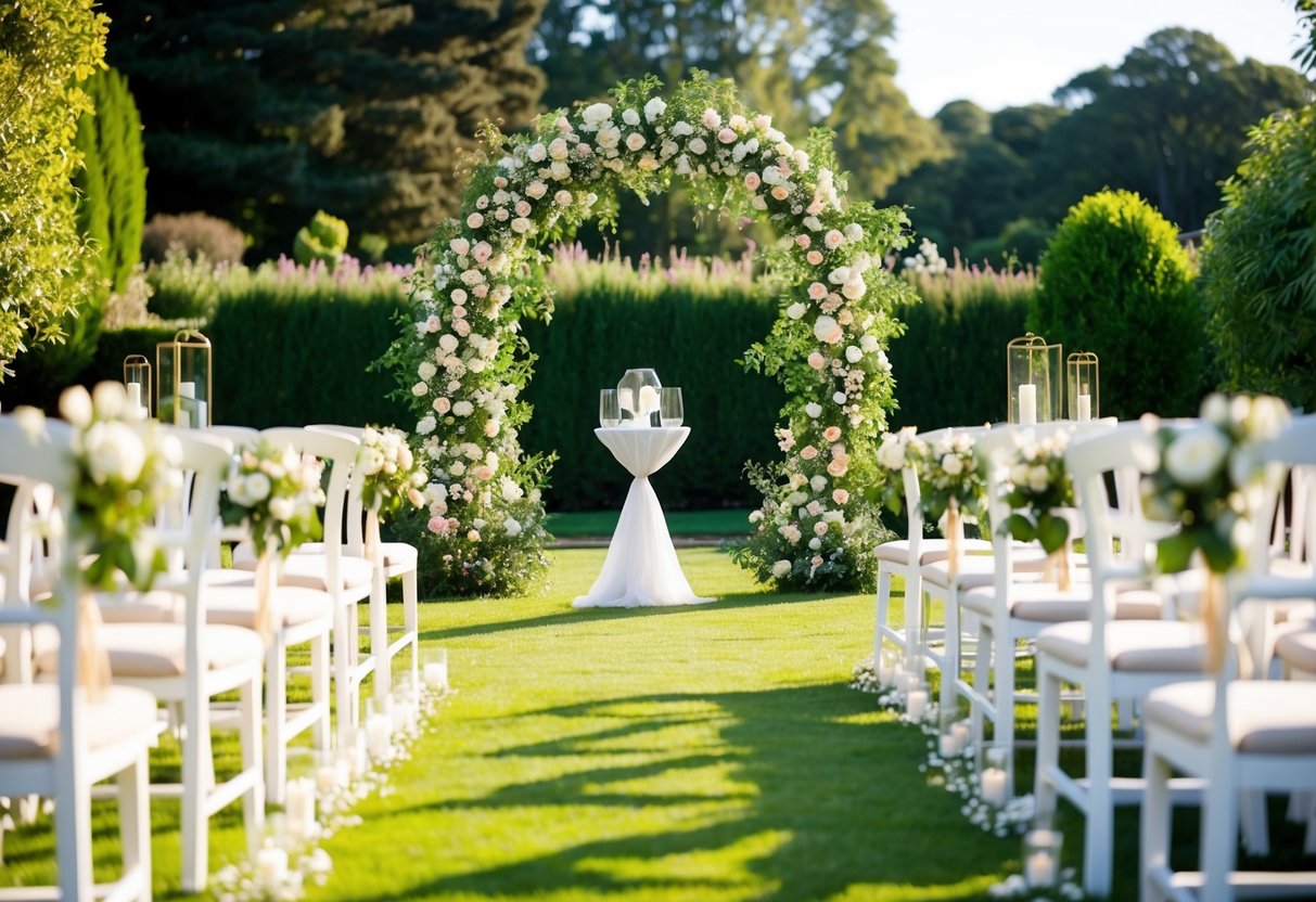 A beautiful garden with a floral arch, seating, and decorations for a wedding ceremony