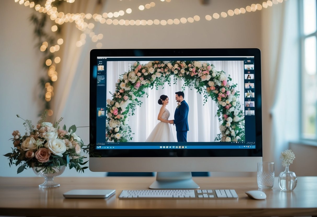A virtual wedding scene with a computer, floral decorations, and formal attire