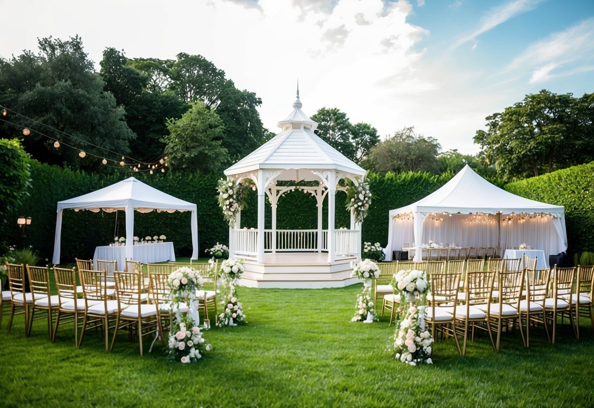A lush backyard with a white gazebo, floral arch, and elegant seating area for a wedding ceremony. A catering tent and decorative lighting add to the ambiance