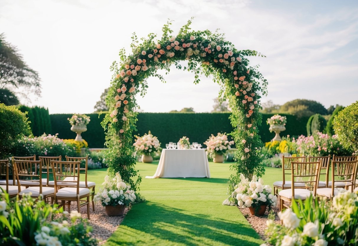 A lush garden with blooming flowers, a decorated arch, and seating for guests