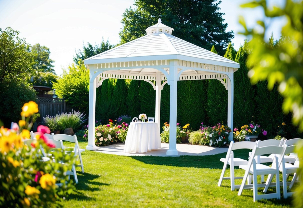 A sunny backyard with a white gazebo, surrounded by colorful flowers and greenery. A small table is set for a wedding ceremony, with chairs for guests