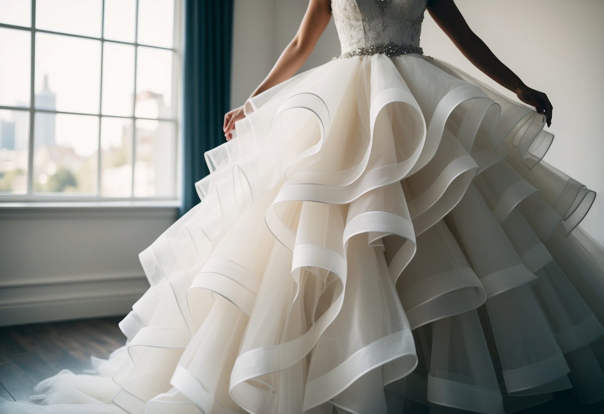 A wedding dress with cascading layers of tulle and organza billowing out from the waist, creating a voluminous and airy silhouette