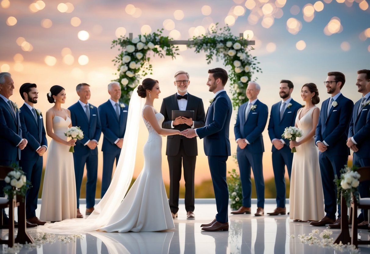 A virtual wedding ceremony with a couple standing in front of an officiant and surrounded by virtual family and friends