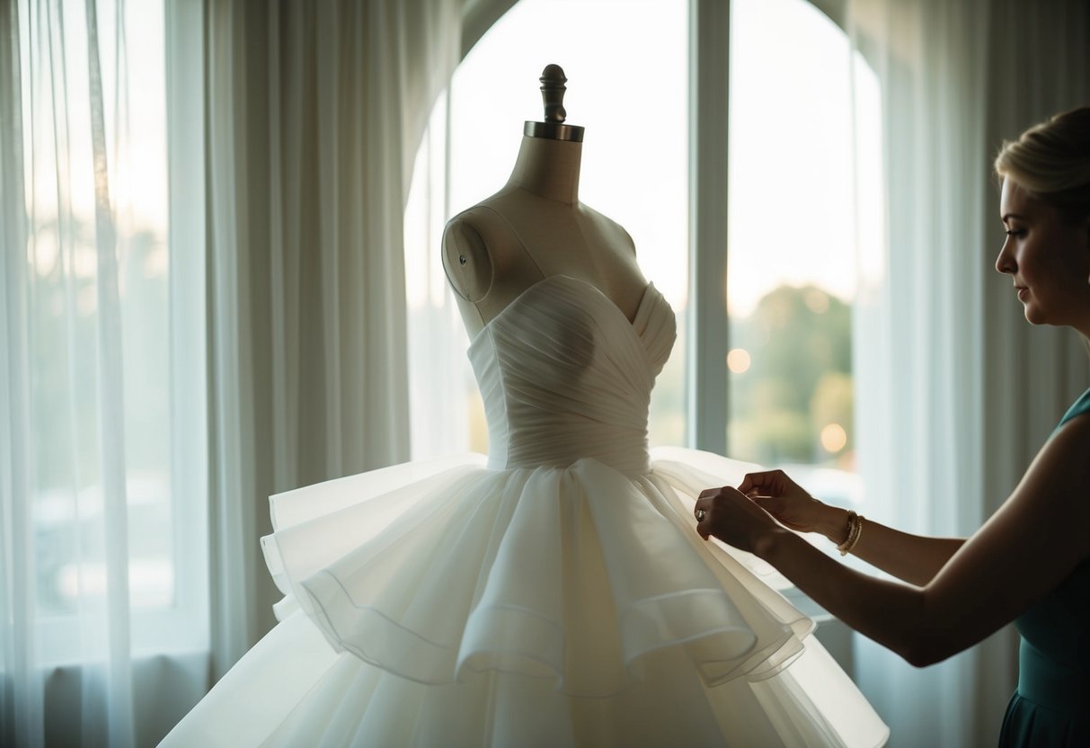 A wedding dress being fitted with layers of tulle and chiffon to add volume, with the silhouette taking shape on a mannequin