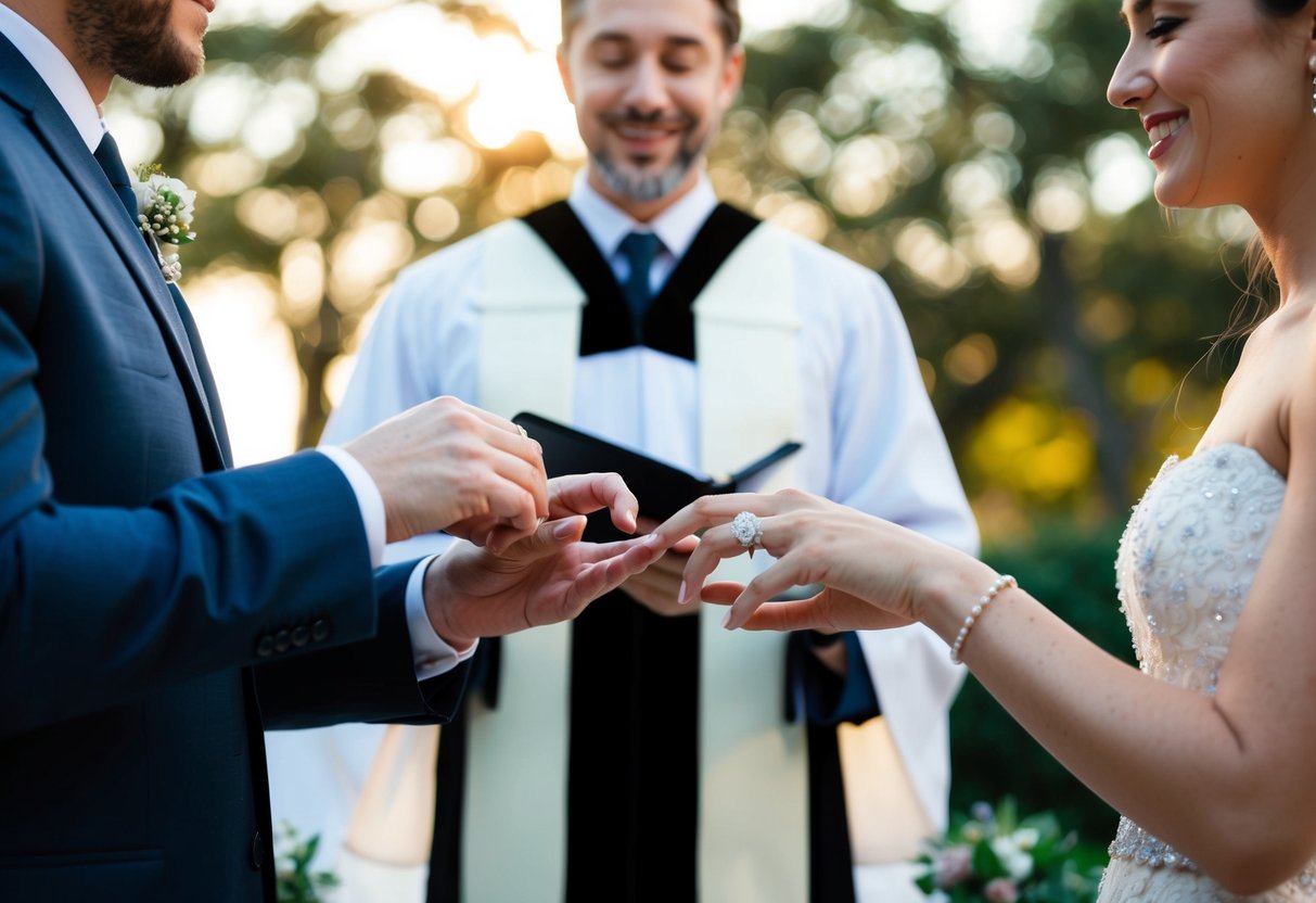 A virtual couple exchanging rings in a small, intimate ceremony with a virtual officiant presiding over the marriage