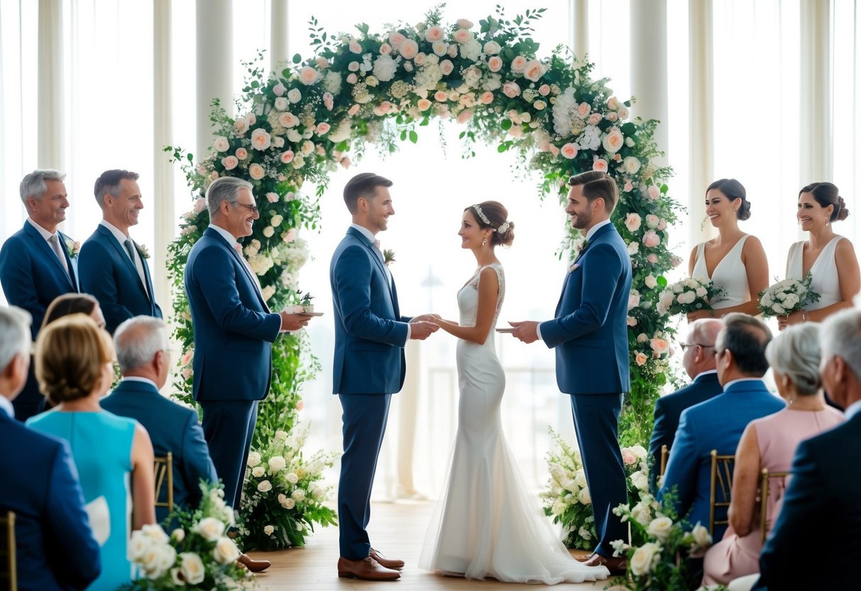 A virtual wedding ceremony with a couple standing under a floral arch, surrounded by family and friends, exchanging vows and rings