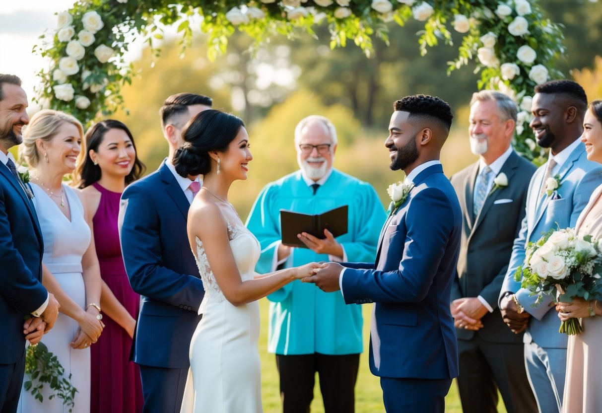 A virtual couple stands in front of an officiant, surrounded by friends and family, exchanging vows in a beautiful outdoor setting