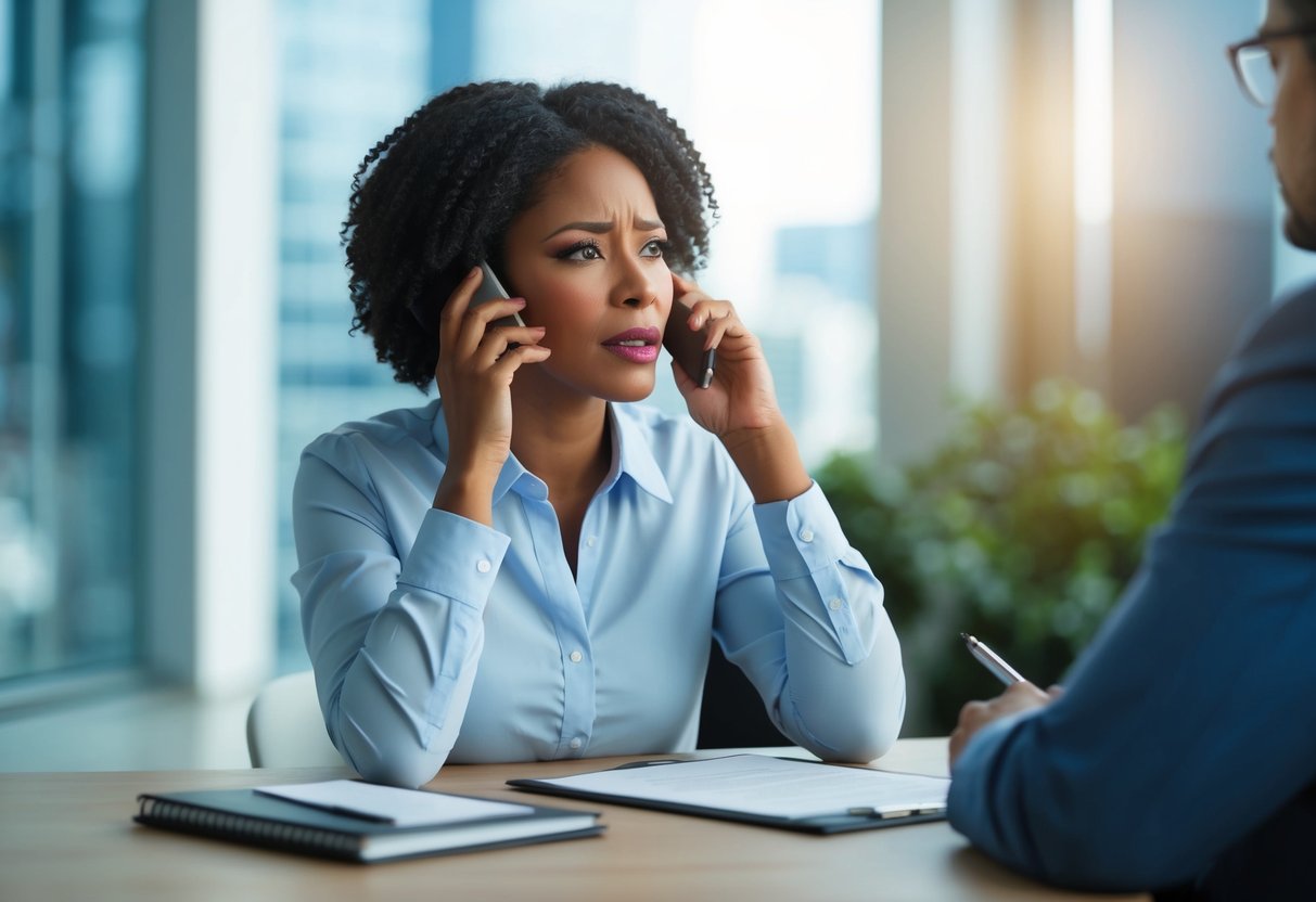 A person speaking on the phone with a concerned expression, while holding a legal document and a pen