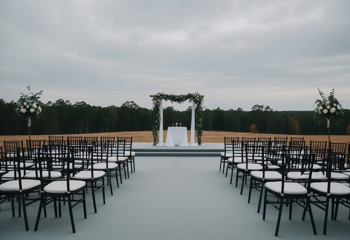 A deserted outdoor wedding venue with empty chairs, a quiet altar, and still decorations under a gray sky