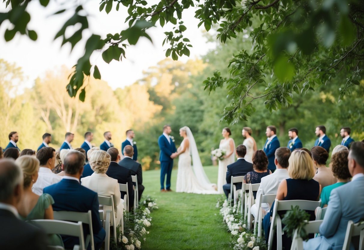 A serene outdoor wedding ceremony with no spoken words, only the gentle rustling of leaves and the soft hum of nature