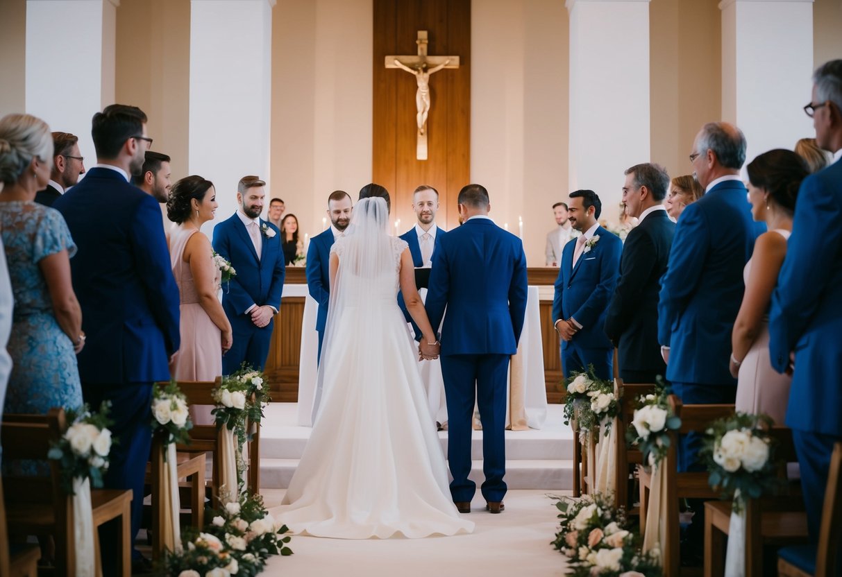 A couple stands at the altar, surrounded by guests, but no words are spoken. The atmosphere is filled with quiet emotion and subtle gestures