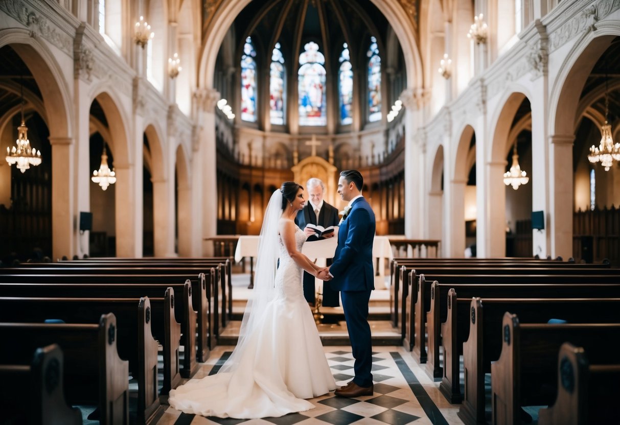 A bride and groom standing at the altar, surrounded by empty pews in a grand, ornate cathedral. The couple exchanges vows in silence, with only the sound of their whispers filling the space