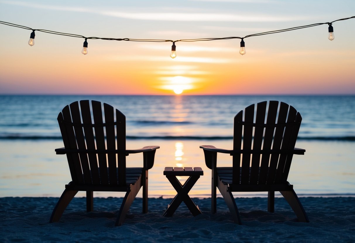 A sunset over a tranquil beach, with two chairs facing each other and a string of lights hanging between them