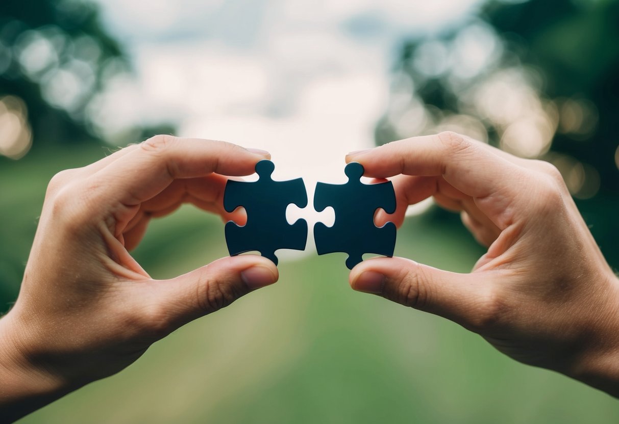 A couple's hands holding matching puzzle pieces, symbolizing staying connected through shared activities in a long-distance marriage