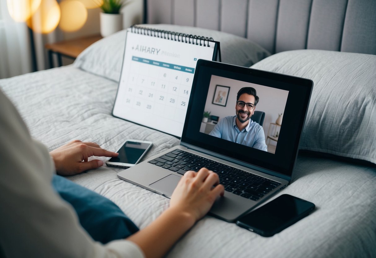 A laptop and smartphone on a cozy bed, with a video call in progress and a calendar marked with upcoming visits
