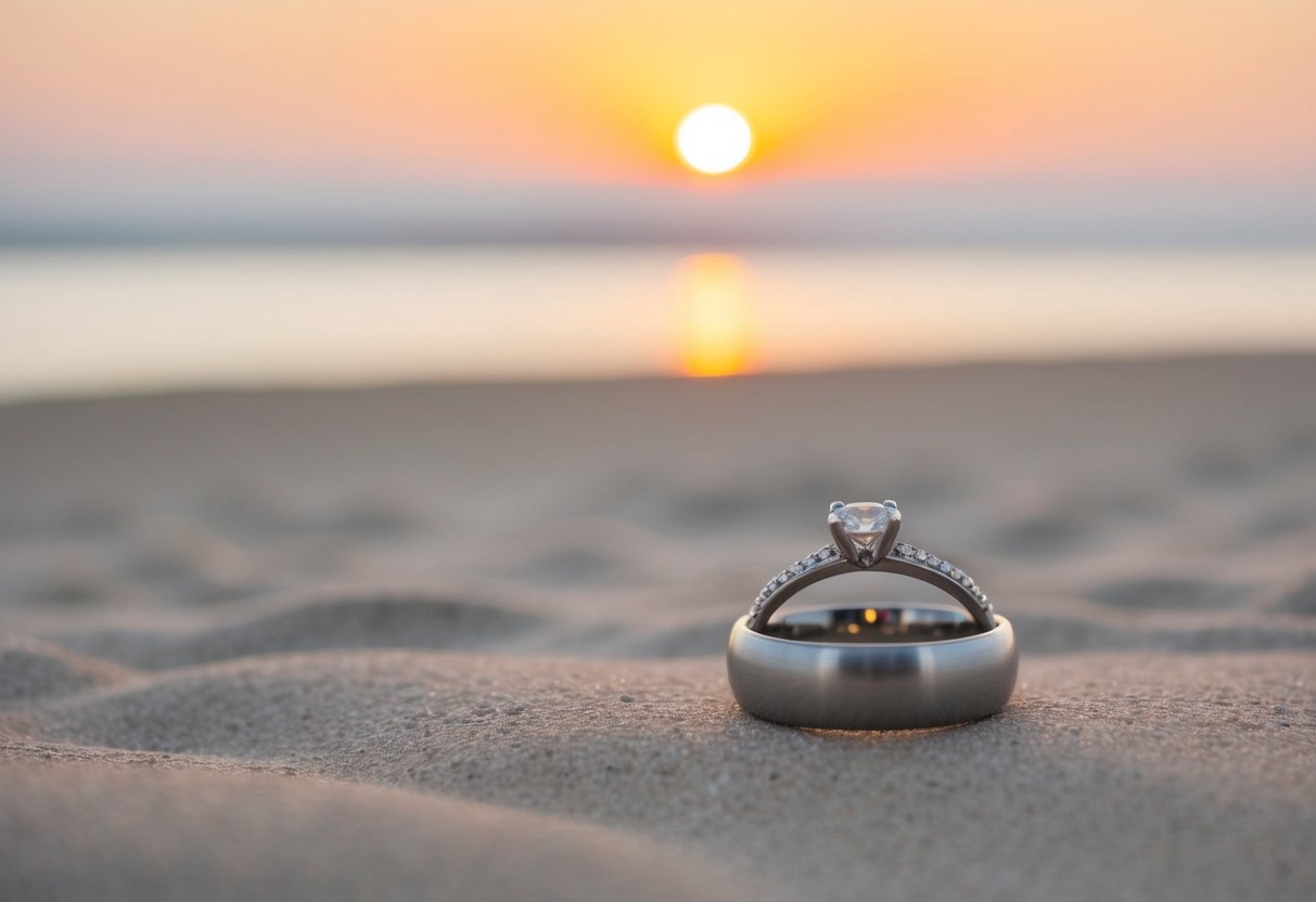 A lone wedding ring resting on a deserted beach at sunset