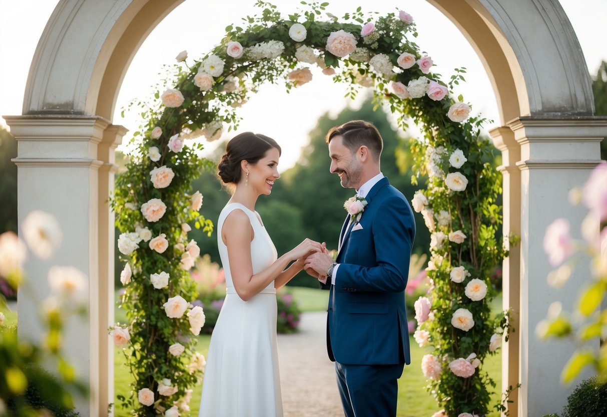 A couple stands beneath a flower-covered archway, exchanging rings in a serene garden setting
